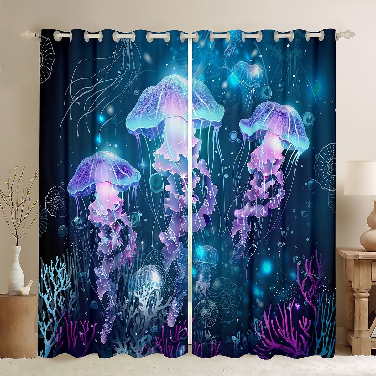 Feelyou Jellyfish Curtains for Bedroom Ocean Creature Themed Curtains for Bed…