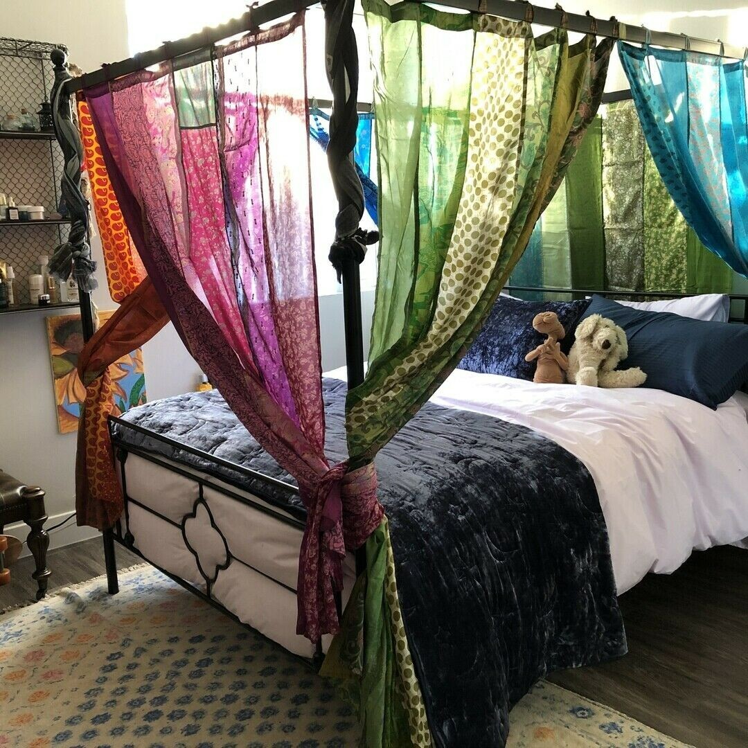 Indian Vintage Old SILK Sari Patchwork Curtain Drape Window Decor Silk Curtain