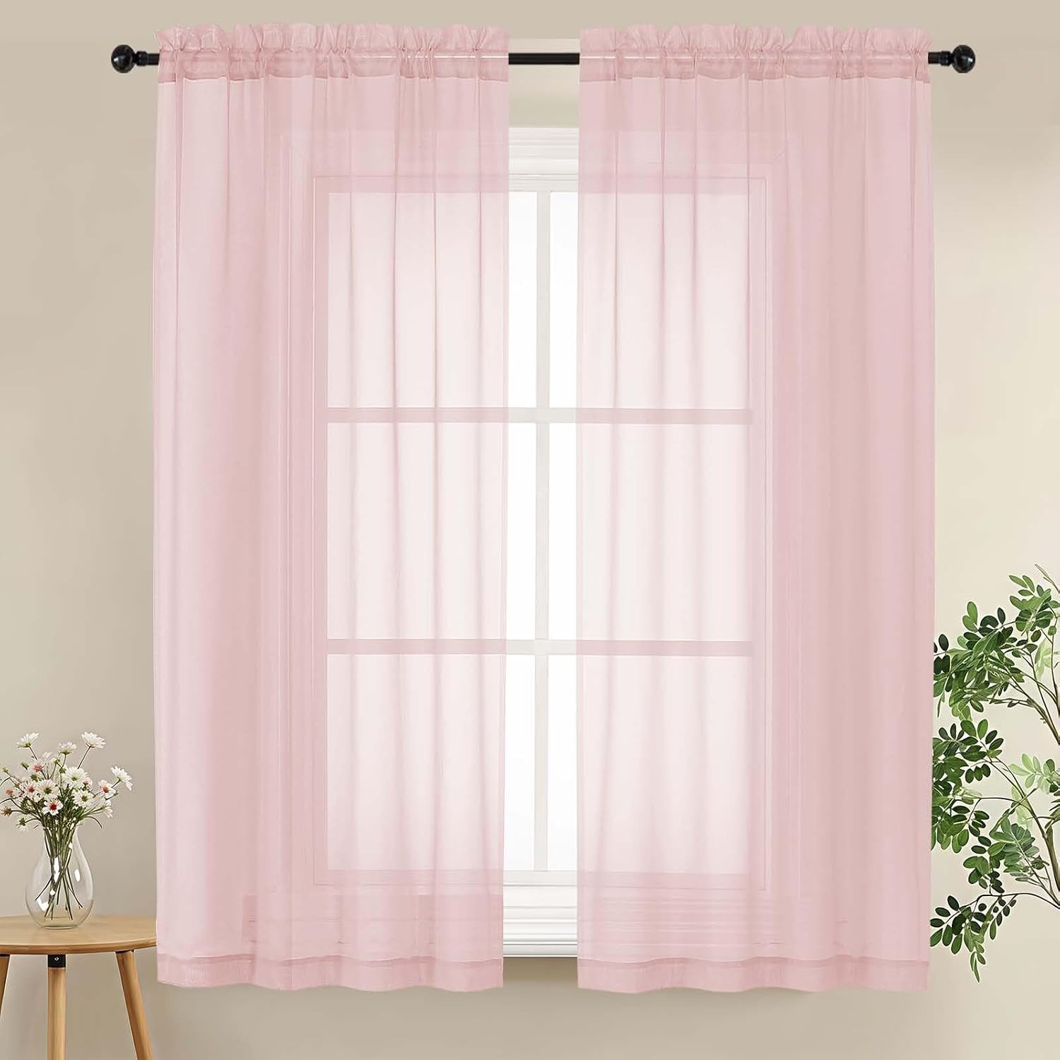 Blush Sheer Curtains 63 Inch Length for Bedroom – Light Filtering Short Curtains