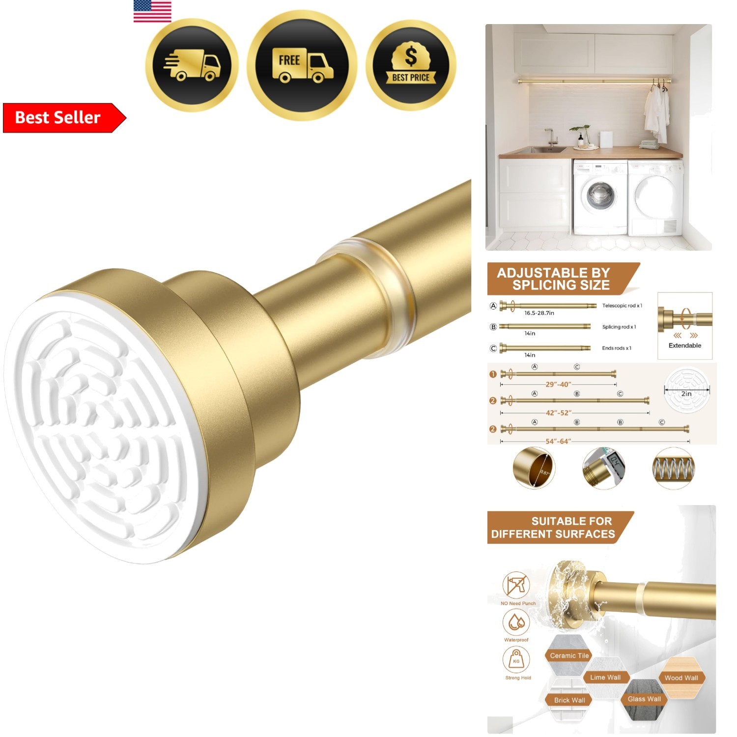 Gold Tension Curtain Rod 30-63Inch Adjustable No Drilling Non-Slip