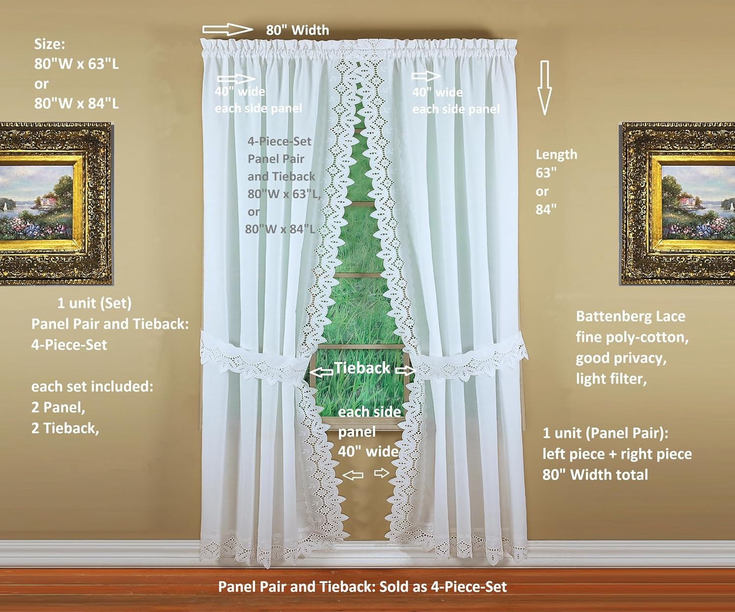 Heirloom Battenberg Eyelet Curtain Panel Pair, 84″ White, 4-Piece Set