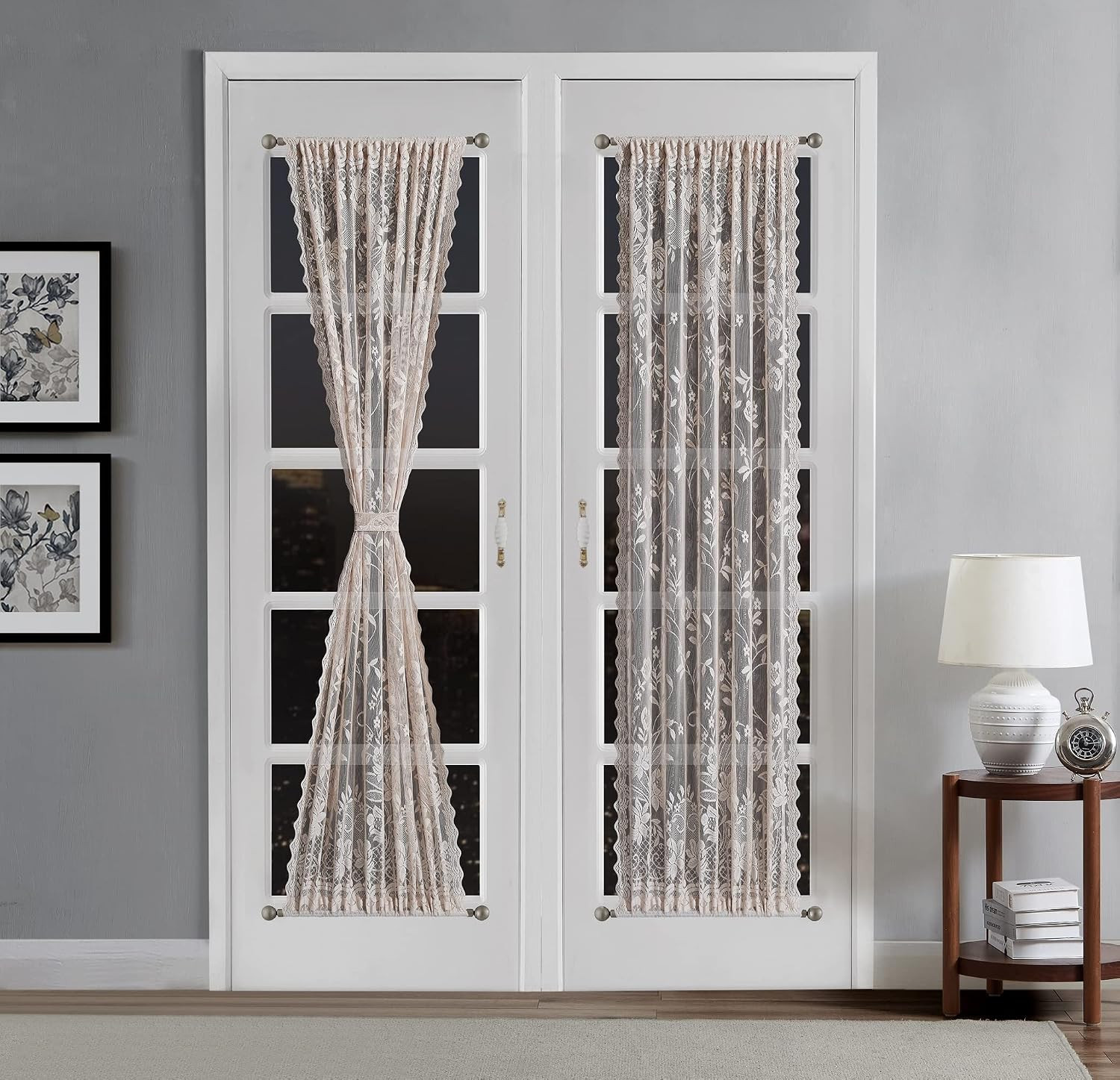 Pair of 2 Gold Linen Color Lace French Door Curtain Panels Are 30 Inch Wide by 7