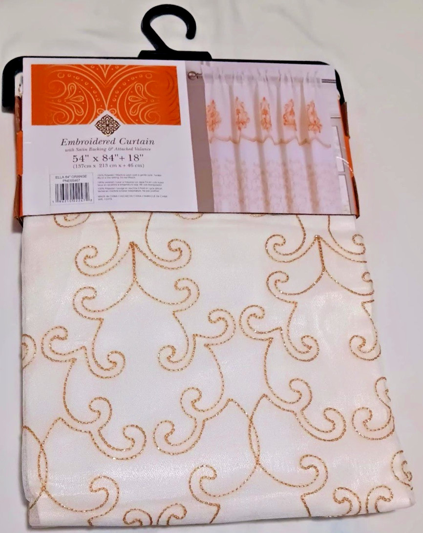 Embroidered Curtain with satin backing & attached valance one panel each orange