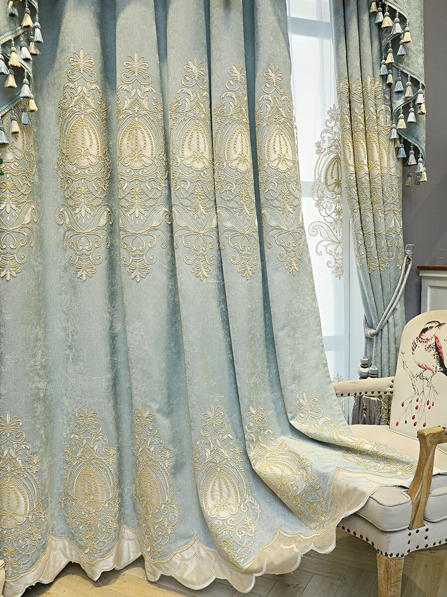 Custom high-end embroidered blue cloth blackout curtain valance drape C1143