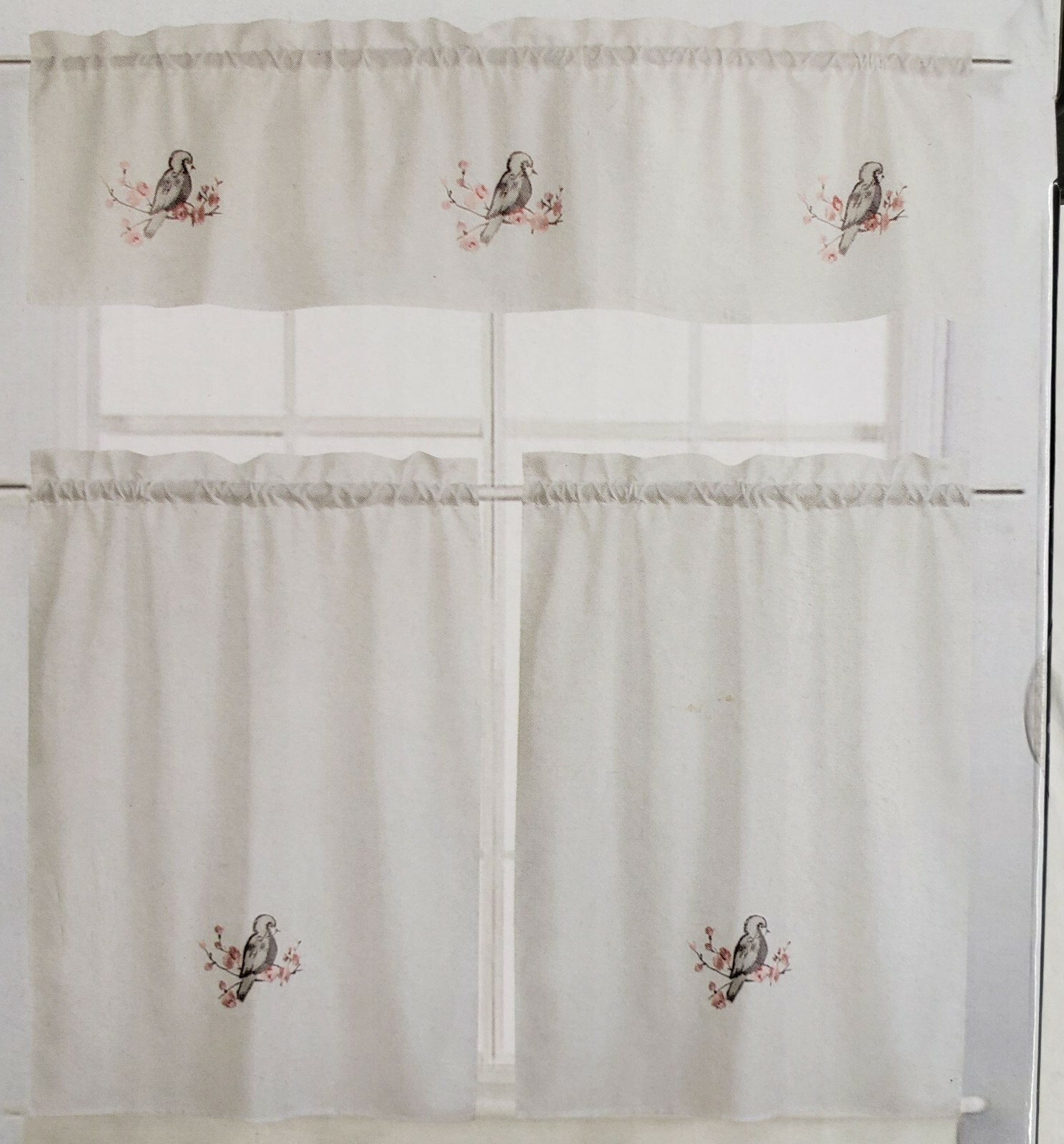 3pc Embroidered Kitchen Curtains Set:2 Tiers (28″x36″) & Valance(56″x15″)BIRD,RH