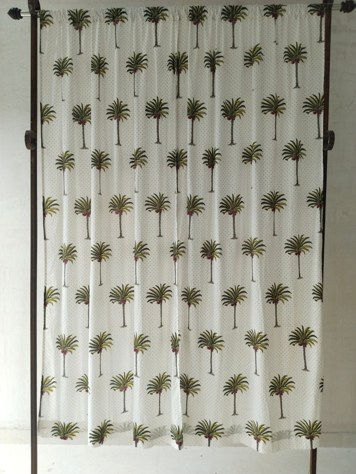 Palm Tree Print Cotton Curtains | Semi-Sheer Set of 2 Panels | Tropical Window