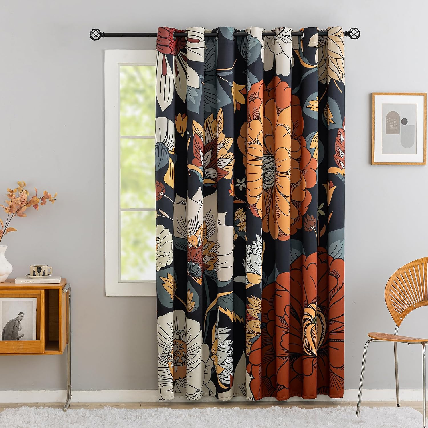 Black Boho Floral 100% Blackout Curtains for Bedroom 84 Inch Long 2 Panels Mid C