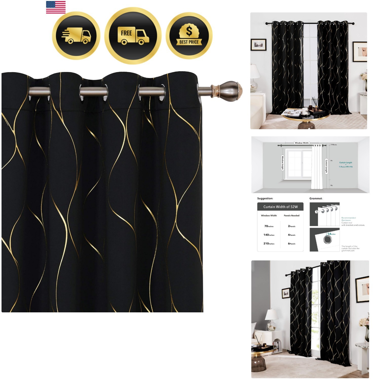 Gold Wave Print Blackout Curtains for Bedroom, Thermal Insulated Curtains for…