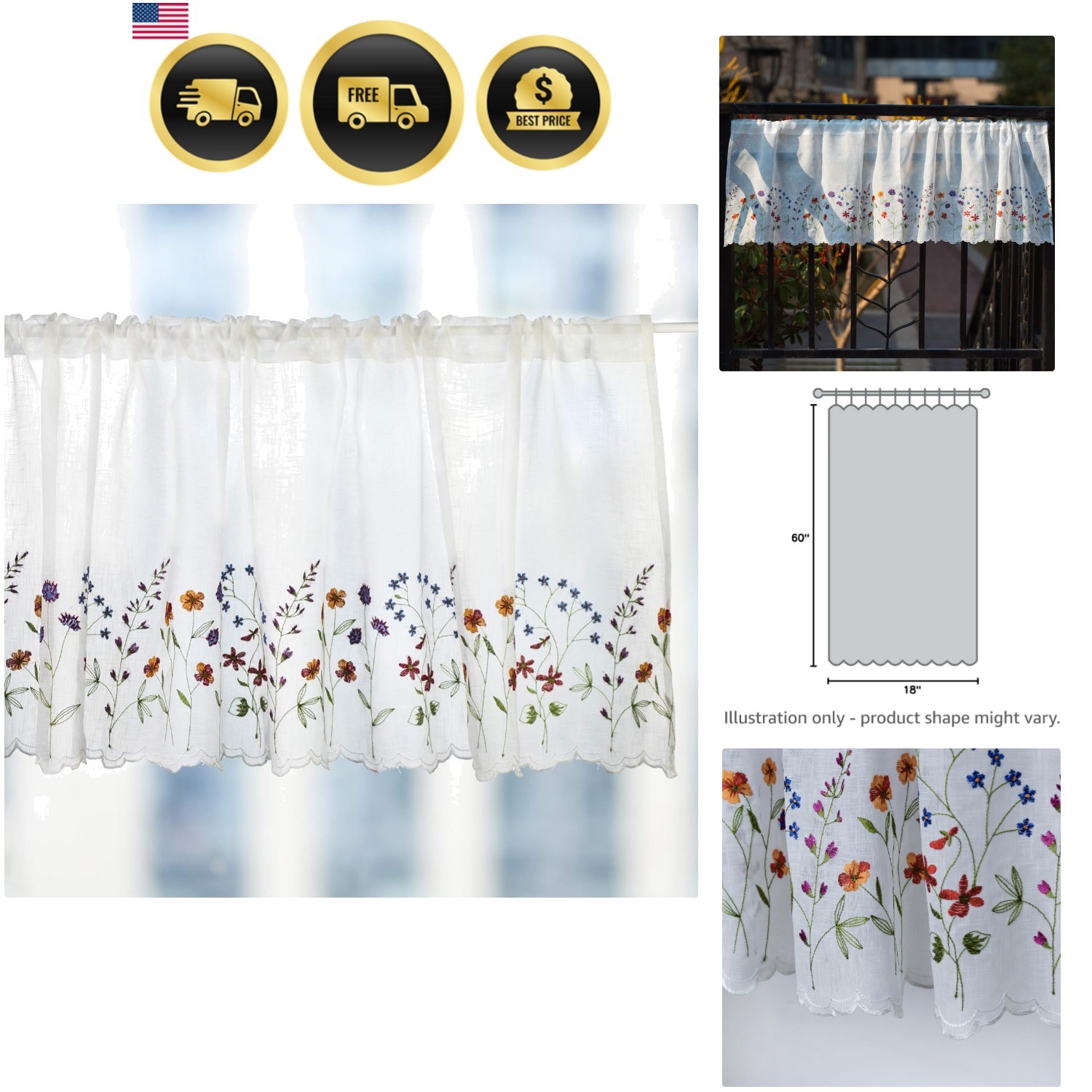 027 Floral Embroidery Pastoral Style Valance, White Sheer Flowers Valances,Wi…