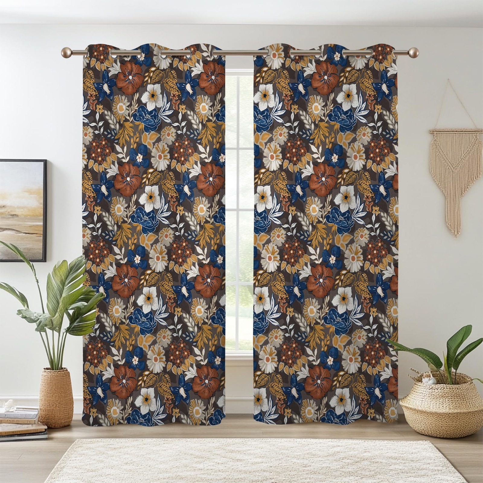 Renaiss Bohemian Floral Blackout Curtains Blue Brown White Flower Thermal