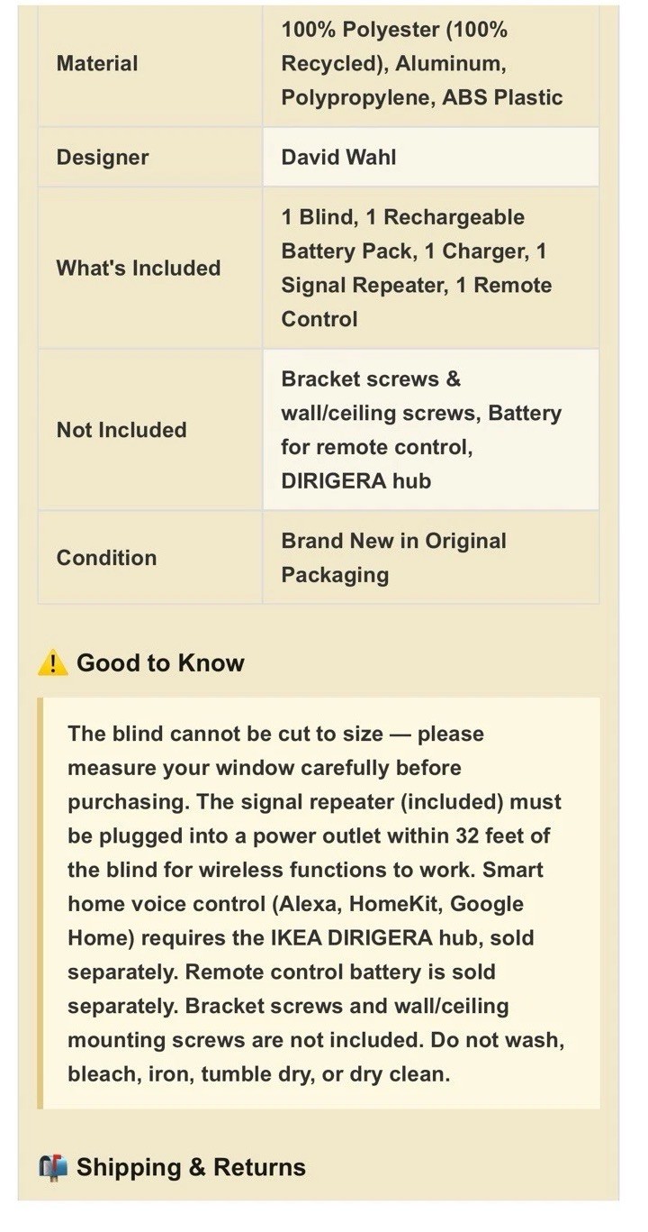 IKEA PRAKTLYSING Smart Cellular Blind 27×76¾” Wireless Battery White-NEW