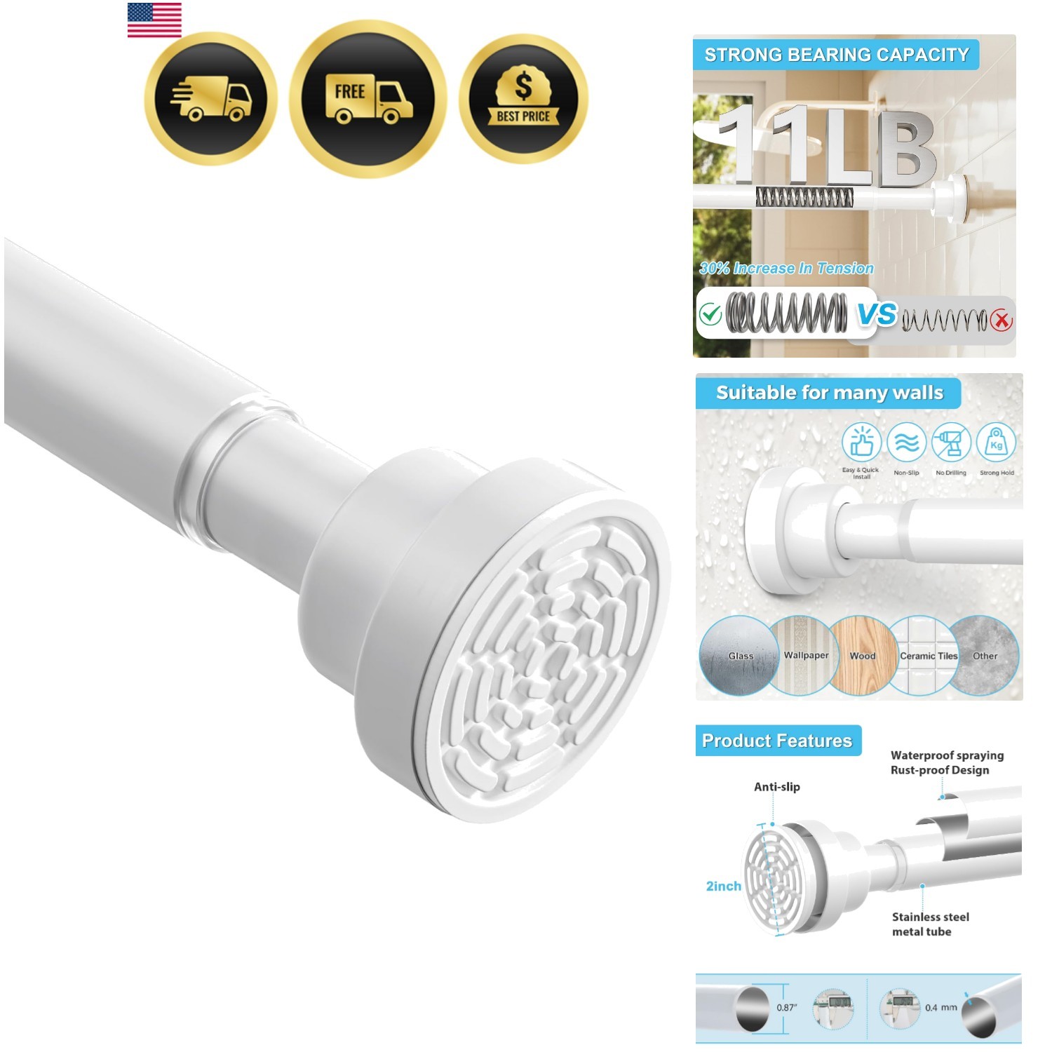 Tension Curtain Rod 30 To 63 Inch White Tension Rods Adjustable Spring Loaded…