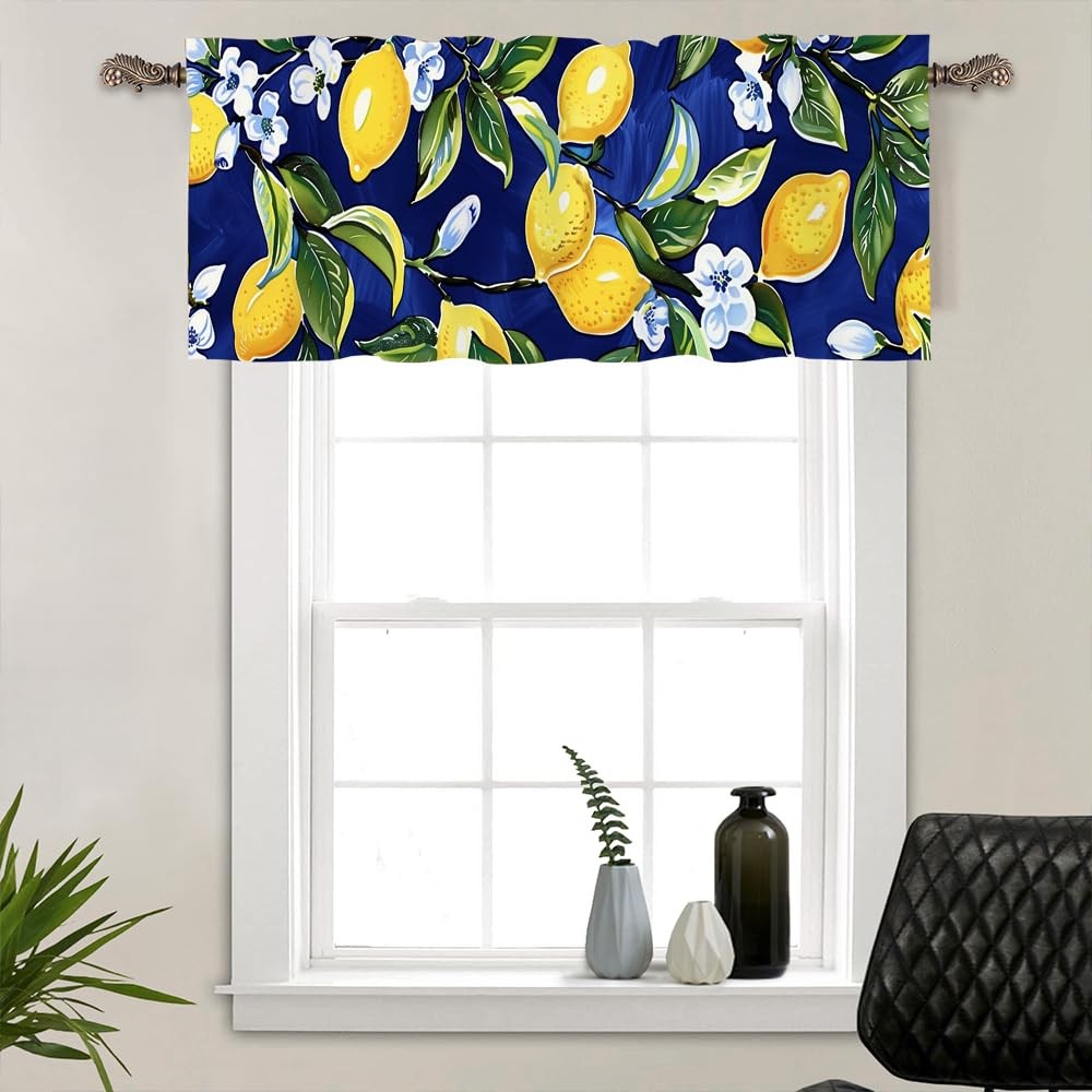 1 Panel Blue Floral Yellow Lemon Window Valances, Nature Food Fruit Window Tr…