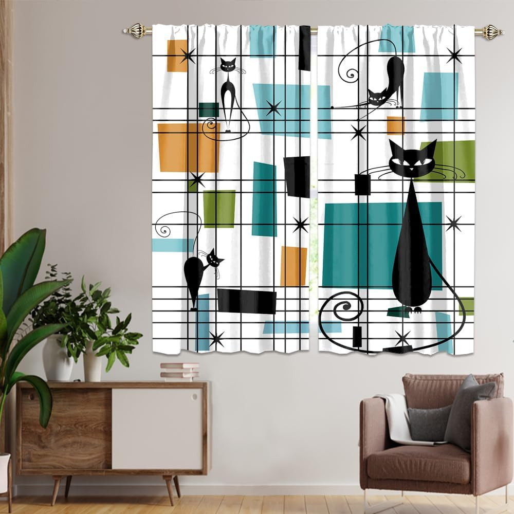 Modern Mid Century Black Cat Blackout Curtains,Abstract Rainbow Colorful Geometr