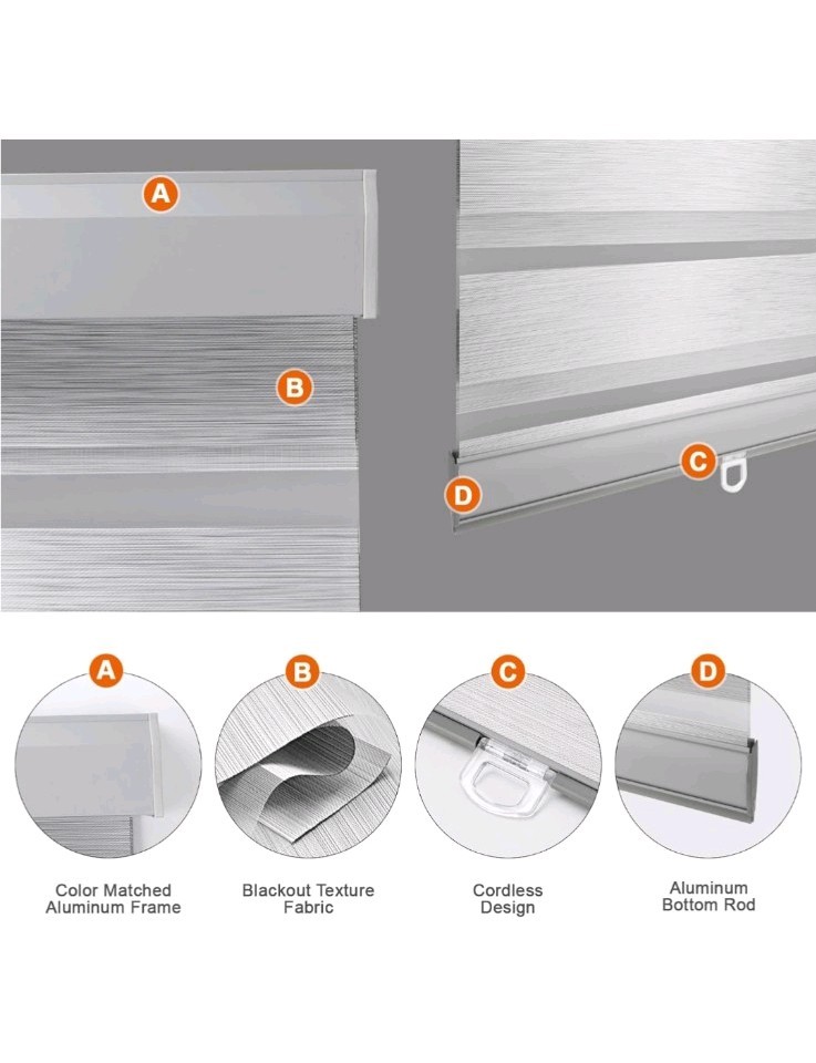 Zebra Window Shades for Home, Office, Easy to Install (Light Grey, 32″ W X 72″ H