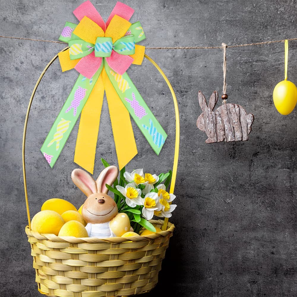 Happy Easter Large Wreath Bows for Front Door Decorations, Pink Yellow Holiday