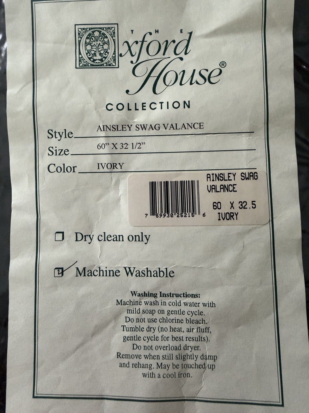 Oxford House Ainsley Swag Valance 60” W X 32.5” L Lace Ivory New In Package