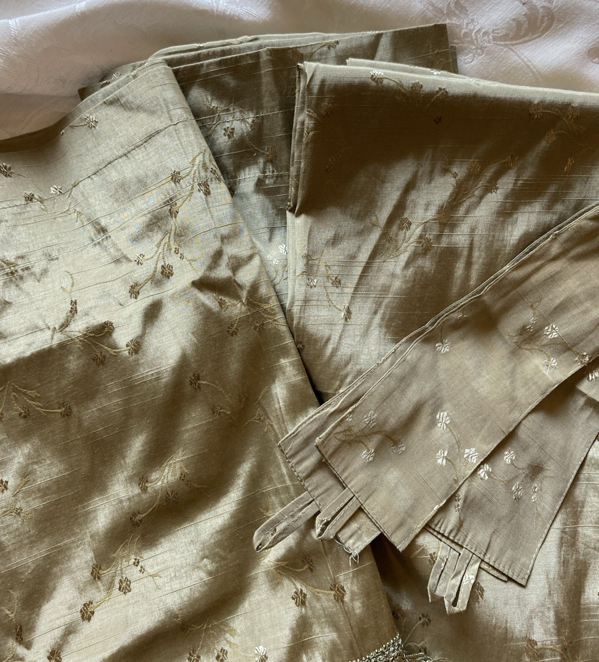 Vintage Sage Green Floral Embroidered Curtain Panel Set w/ Valence Tie Backs