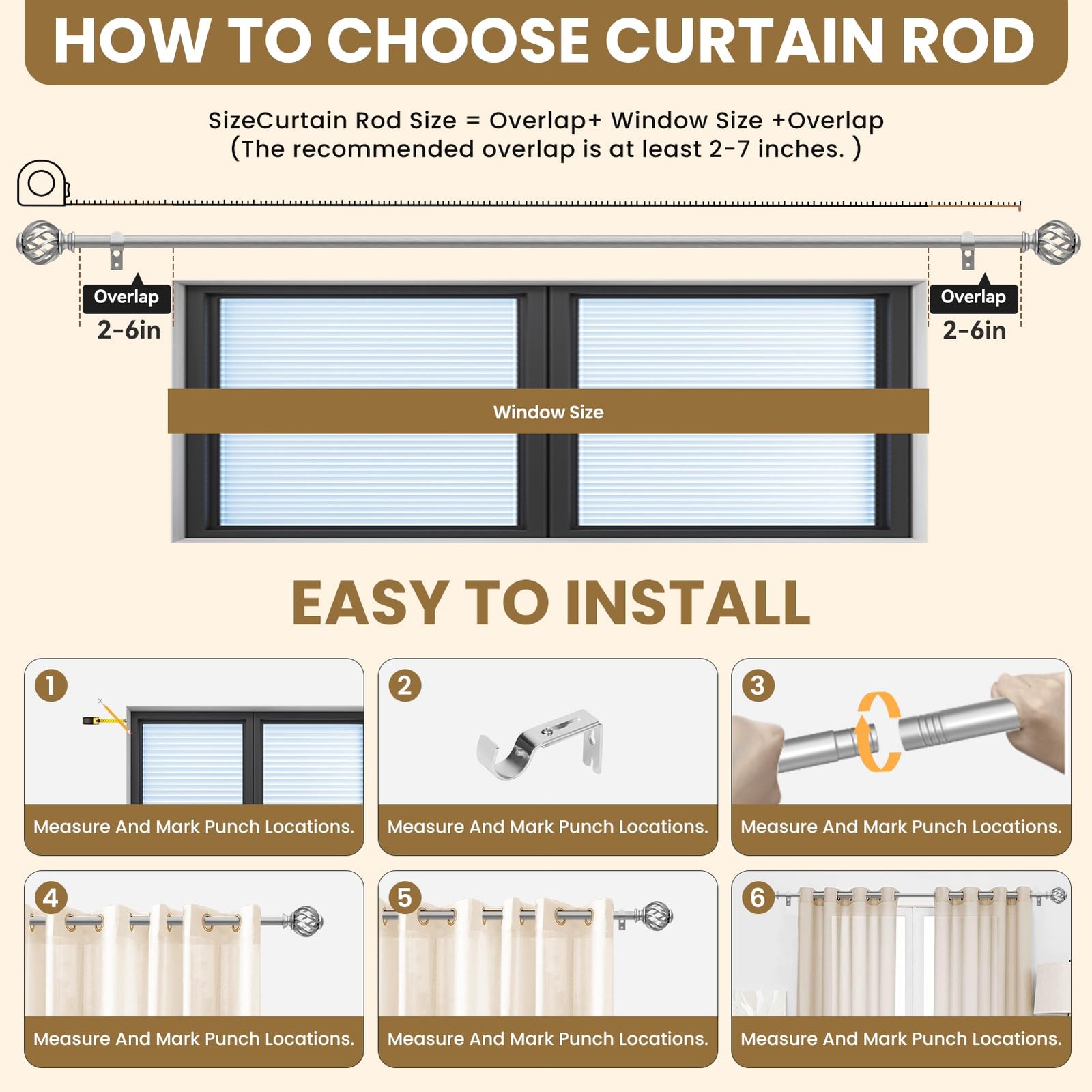 Luvenia Silver Decorative Curtain Rods, 28 to 48 Inch 28-48″(1 Pack),