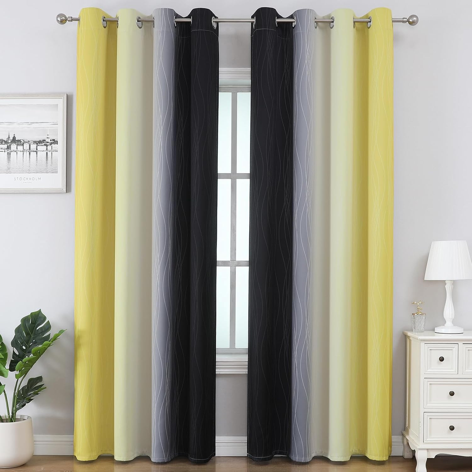 Black and Yellow Ombre Blackout Curtains for Bedroom, Room Darkening Energy Savi