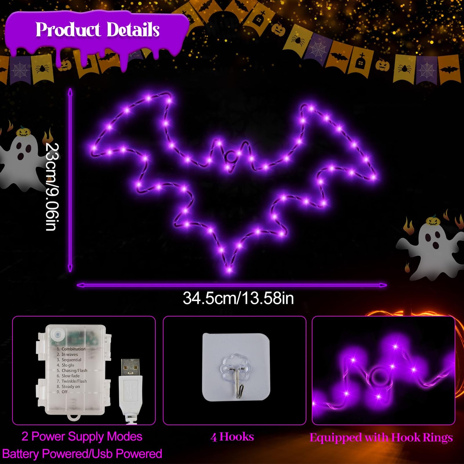 Halloween Decorations, 2 Pack Bat Window Lights, 8 Modes Battery Operated