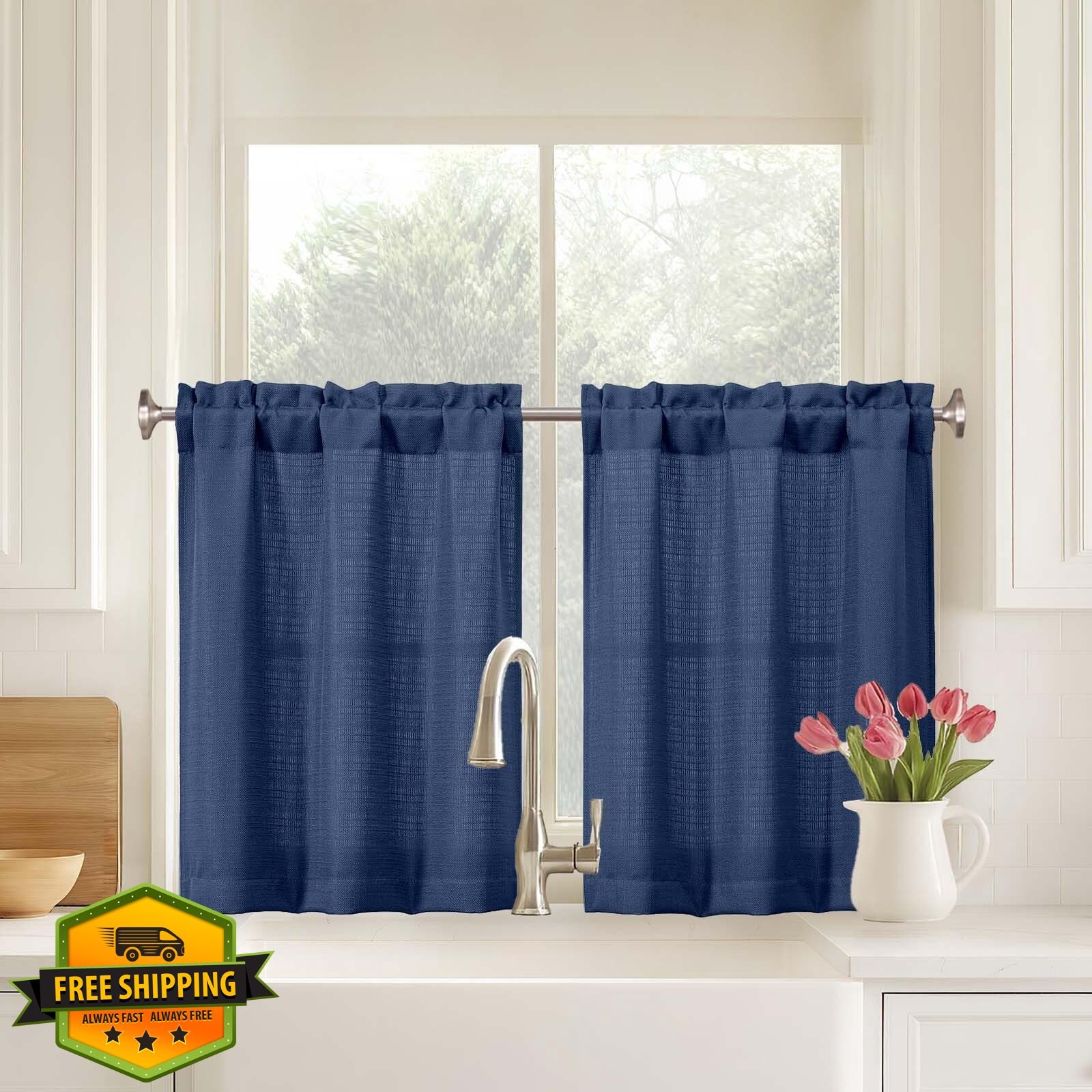 Ebesto Blue Farmhouse Cafe Curtains 2x30Wx30L Bathroom Linen