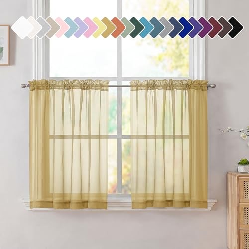 Sheer Tier Curtains for Kitchen 24 Inches Long 2 42″W x 24″L (Pack of 2) Gold