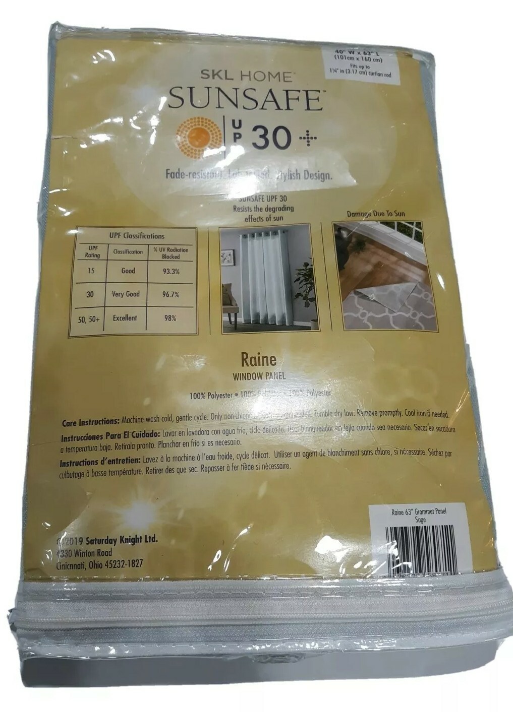 SKL HOME SUNSAFE UPF 30 Fade-Resist 40″×63″ One Window Panel Cover Raine