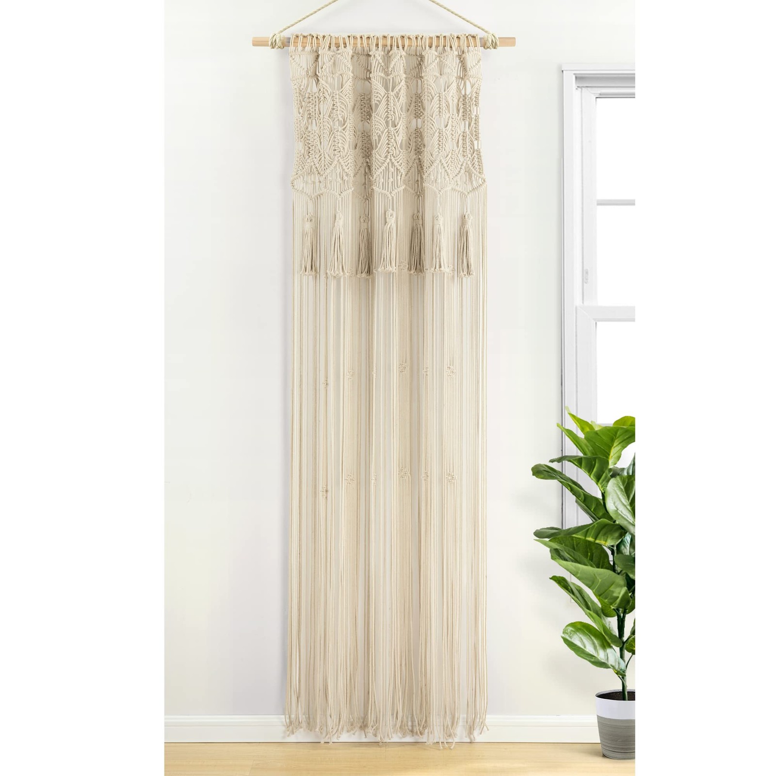 Boho Macrame Tassel Cotton Window Curtain Panel Single 40″ W x 84″ L Neutral …