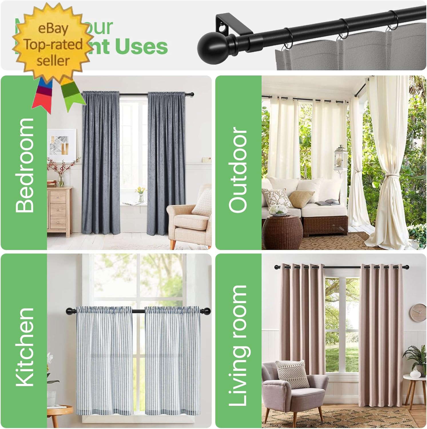 Curtain Rods for Windows 28 to 48 Inch, 5/8 Inch Black Curtain Rod Set with Brac