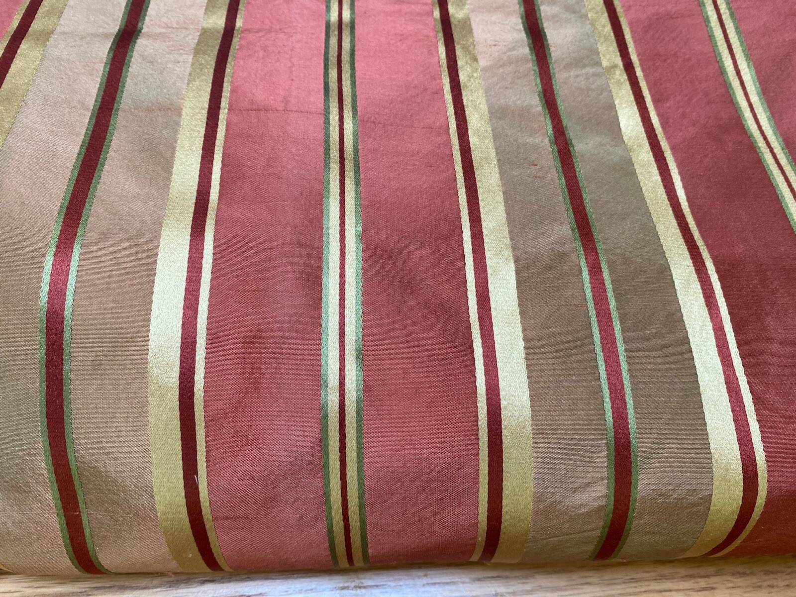 Pair Custom Silk Pinch Pleated Curtain Drapes Inter Lined Rust Gold Stripe 92×34