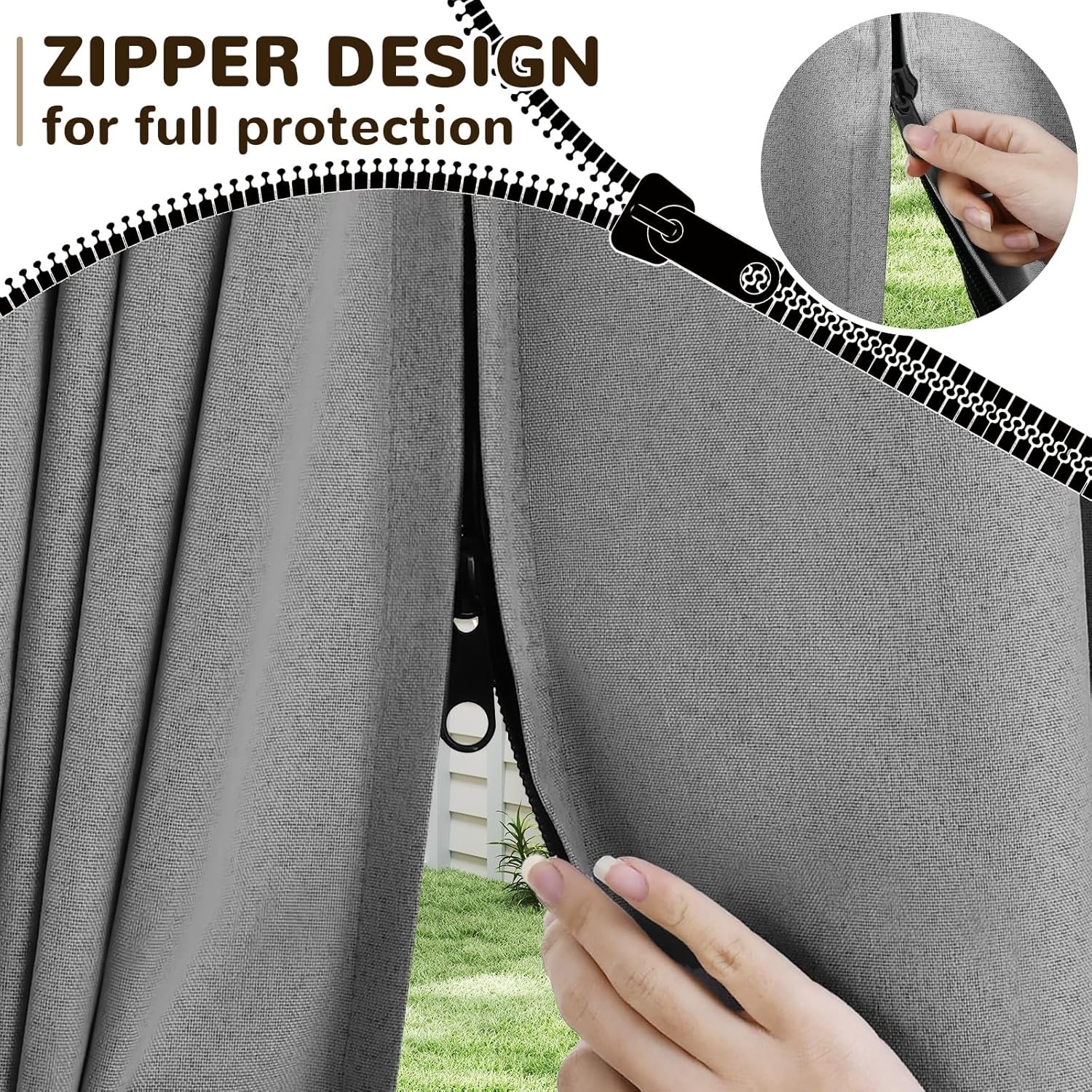 Waterproof Outdoor Linen Curtains with Zipper Windproof Privacy Drape for Gazebo