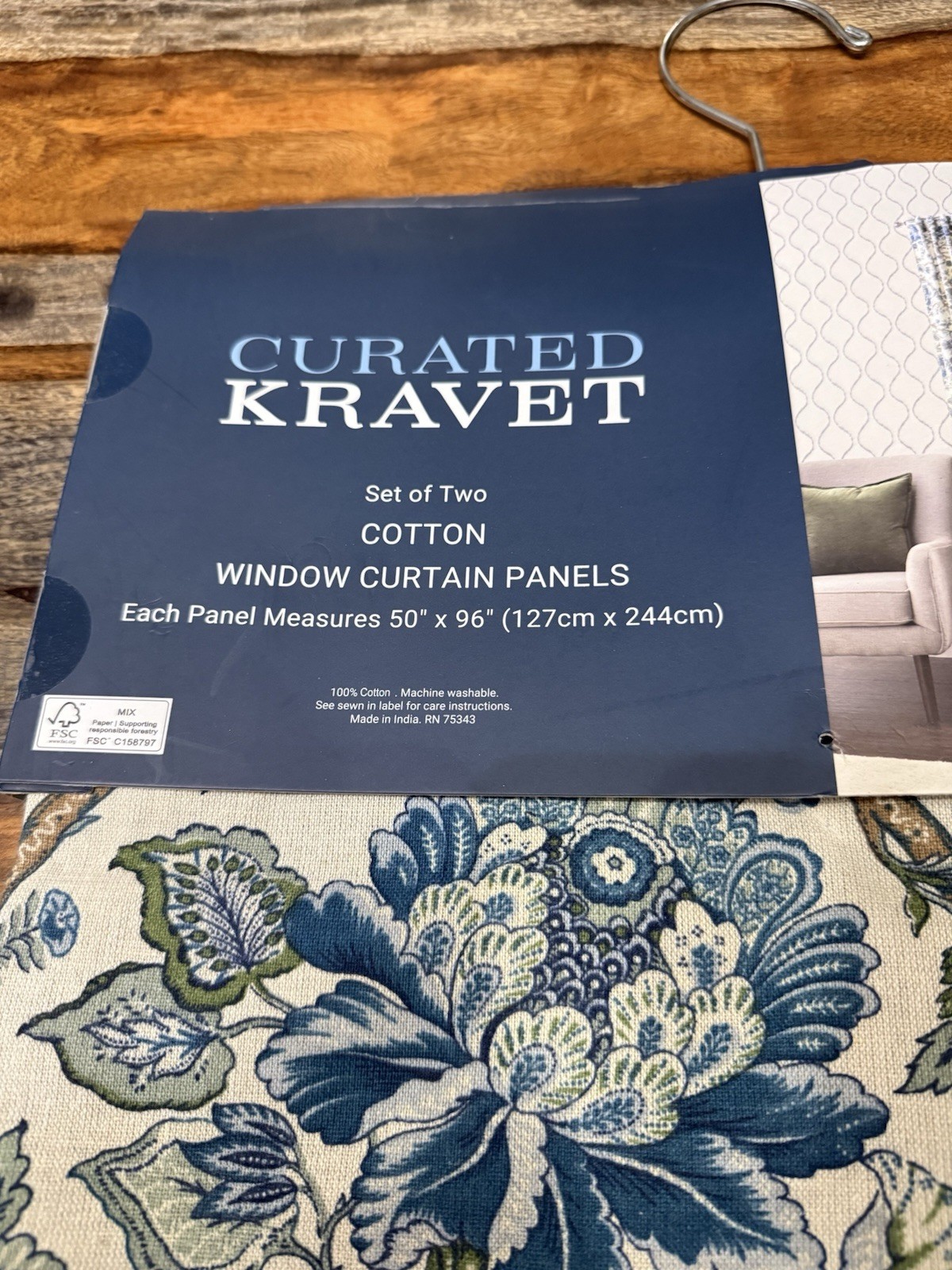 NWT Curated Kravet 2 pc Window Curtains Jacobean Floral Blue Cotton 50″ x 96″