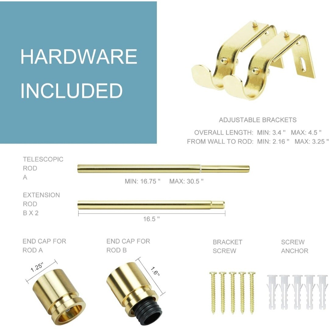 Byondeth Curtain Rods for Windows 16 to 48 Inches Adjustable Length 1″ Dia. Gold