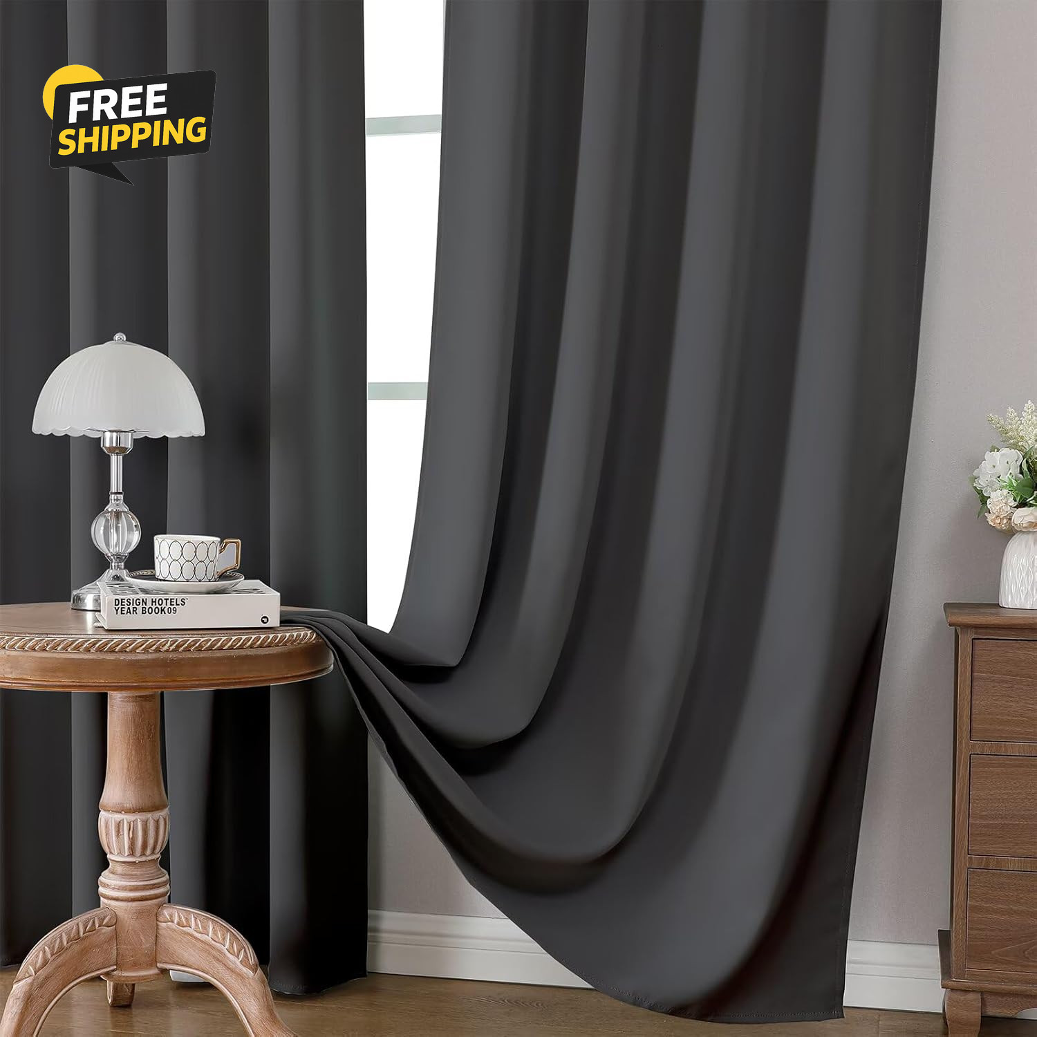 Dark Grey Blackout Curtains 54 Inch Length 2 Panels Set, Rod Pocket Room