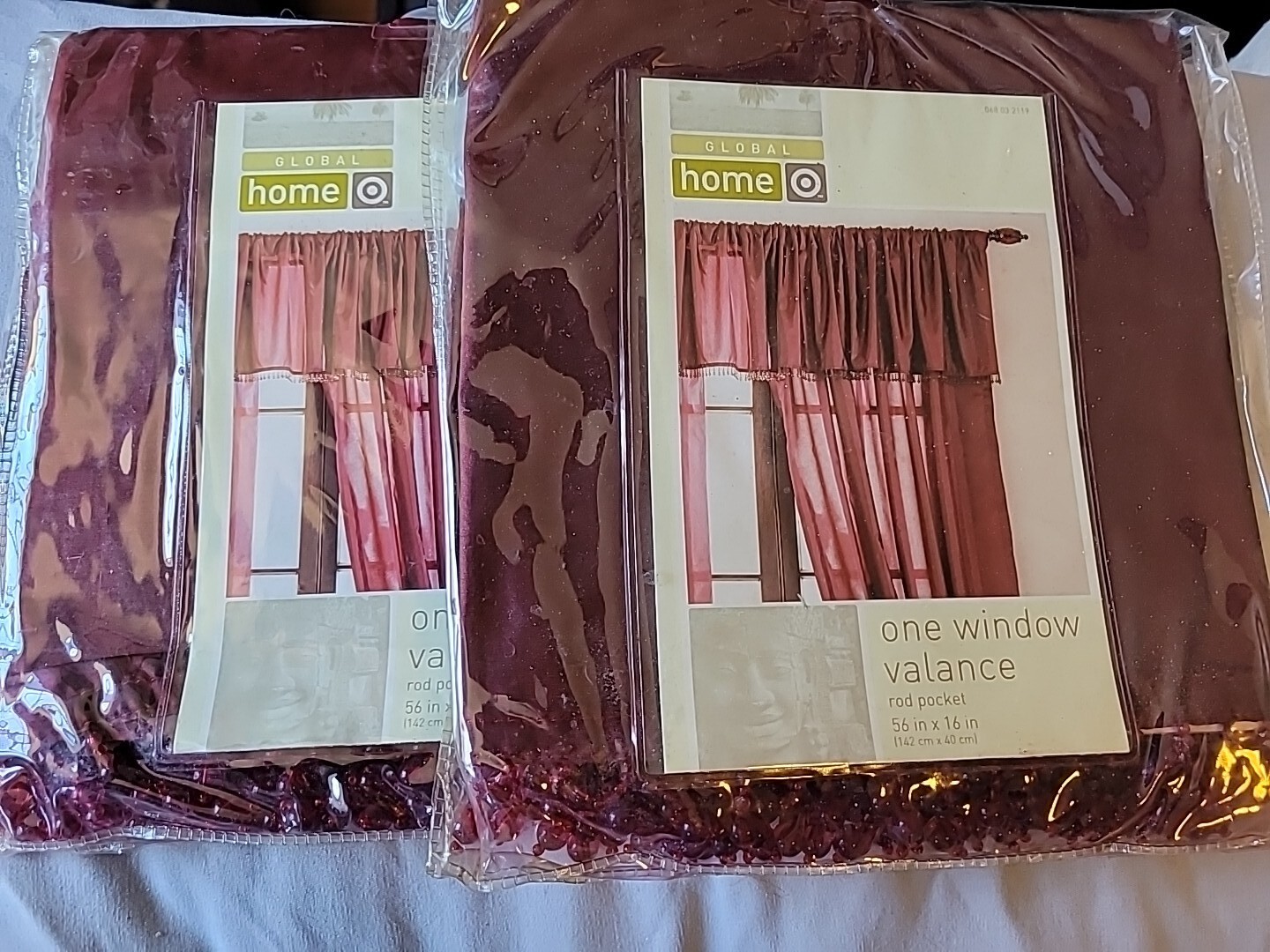 Global Home Solid Red Beaded Fringe Window Unlined Valance 56”x16”, ( 2-PACK )
