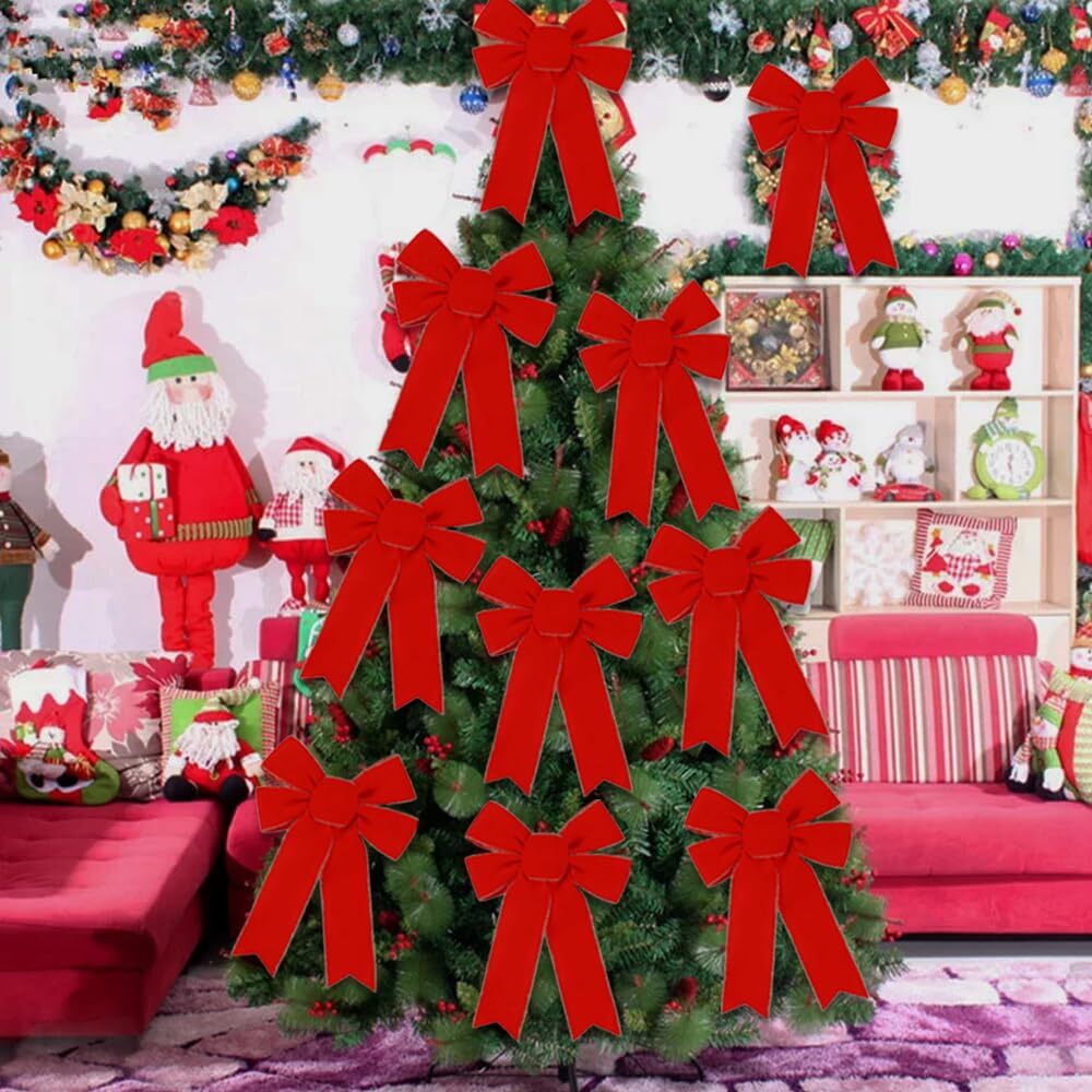 DIYDEC 10PCS Christmas Red Bows Decorations 9 x 13 Inches Large Velvet Christ…