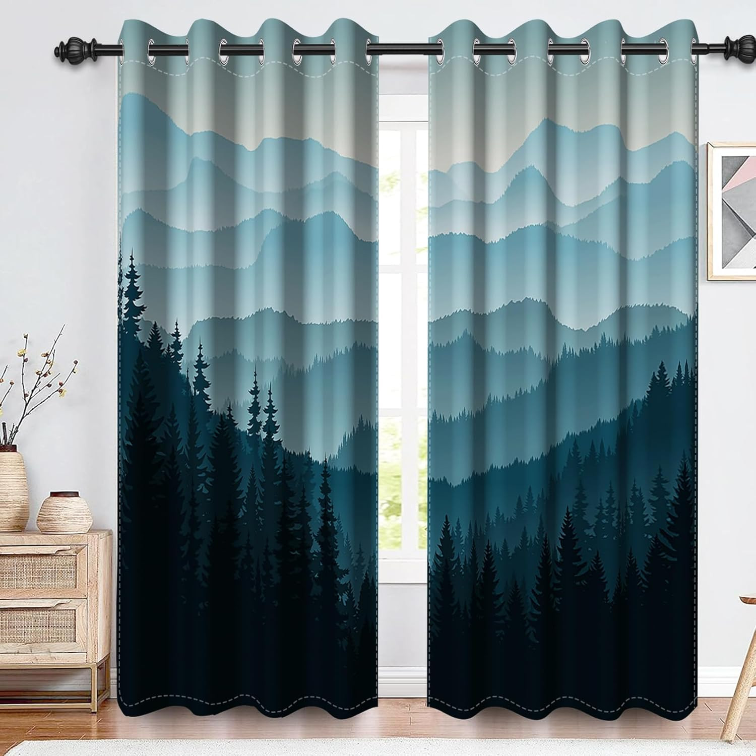 Mountain Forest Blackout Curtains for Bedroom Blue Abstract Misty Trees Woodland