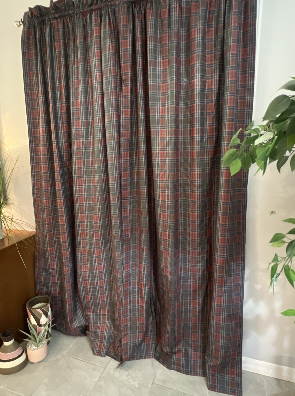 6 Curtain Panels Country Red Blue Green Cream Plaid 86”x47” Cotton Blend Lined