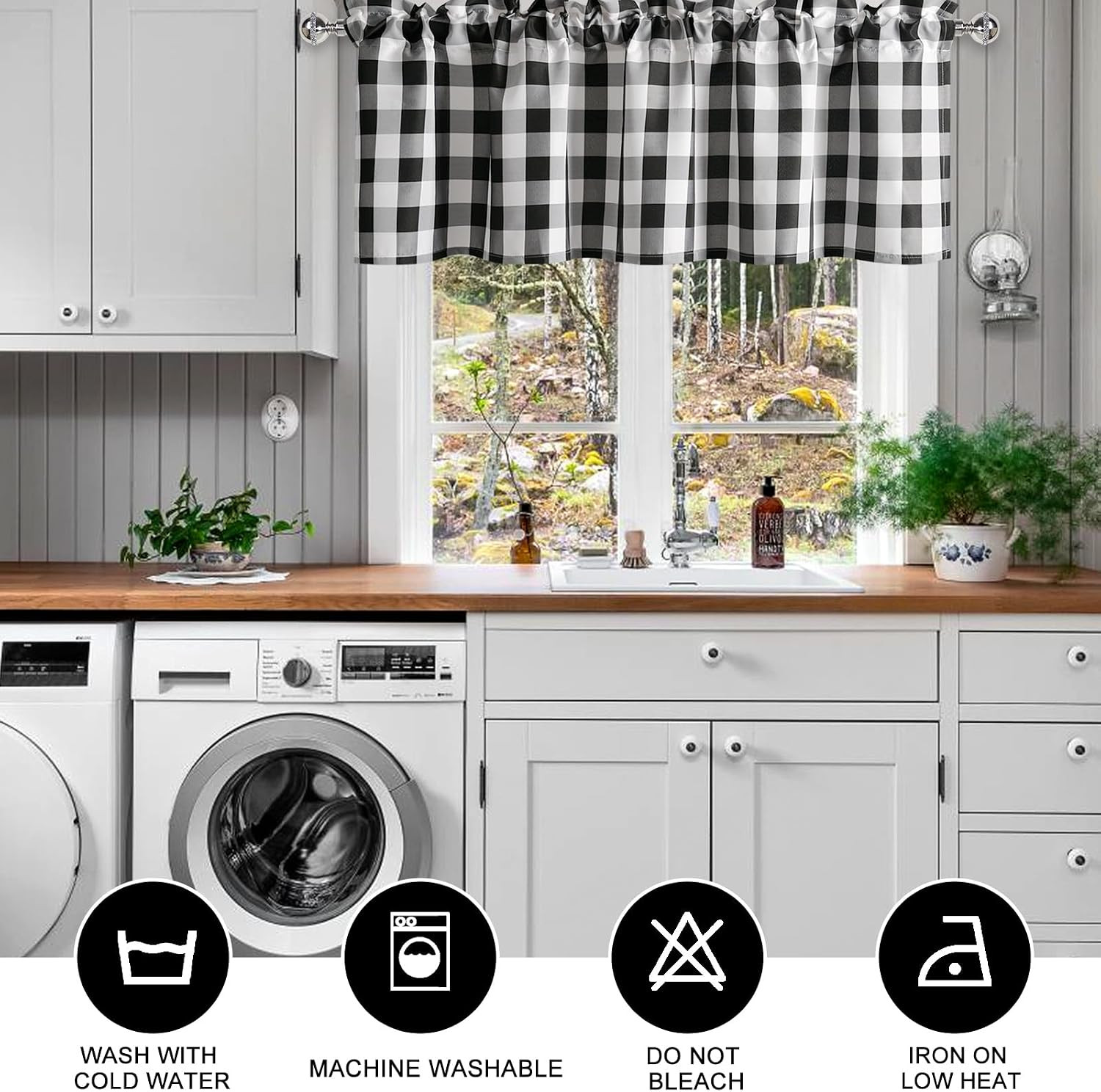 Buffalo Plaid Curtains Valances for Windows – Black and White Semi Sheer Checker