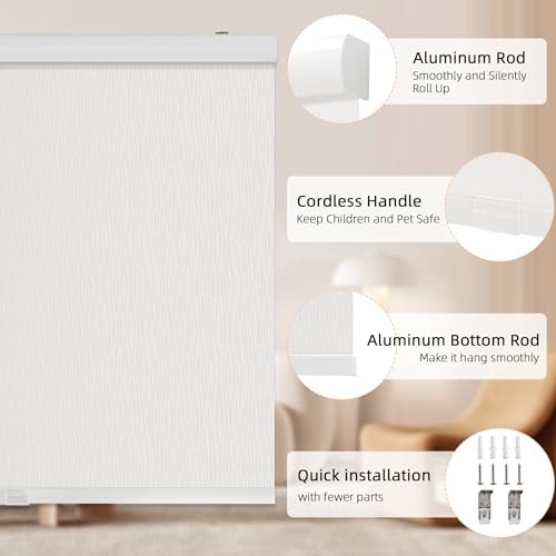 Cordless Blackout Roller Shades for Windows, Striped Free 20″W x 72″H White