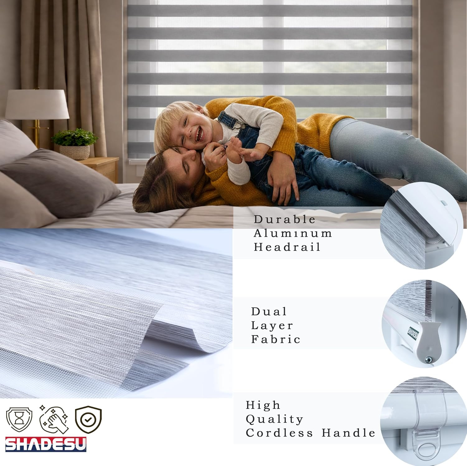 Cordless Zebra Blinds – Grey Light Filtering Dual-Layer Shades 72″x50