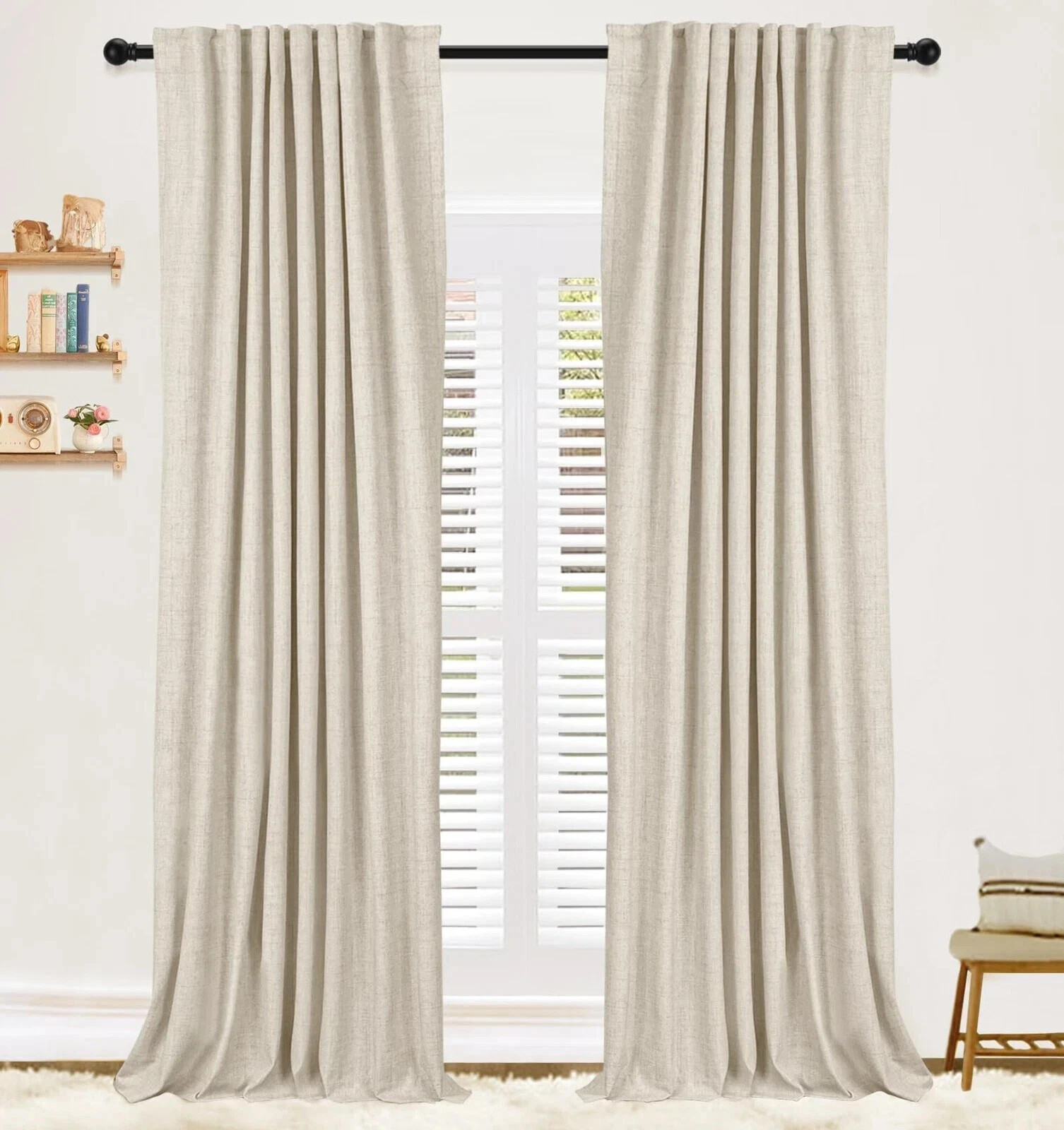 MIULEE Linen Texture Curtains Solid 100% Blackout Beige 52″x96″ 2 Panels
