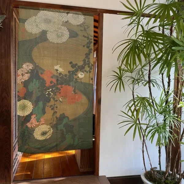 Rare Jakuchu Ito Japanese Antique Noren – Chrysanthemums by Flowing Water