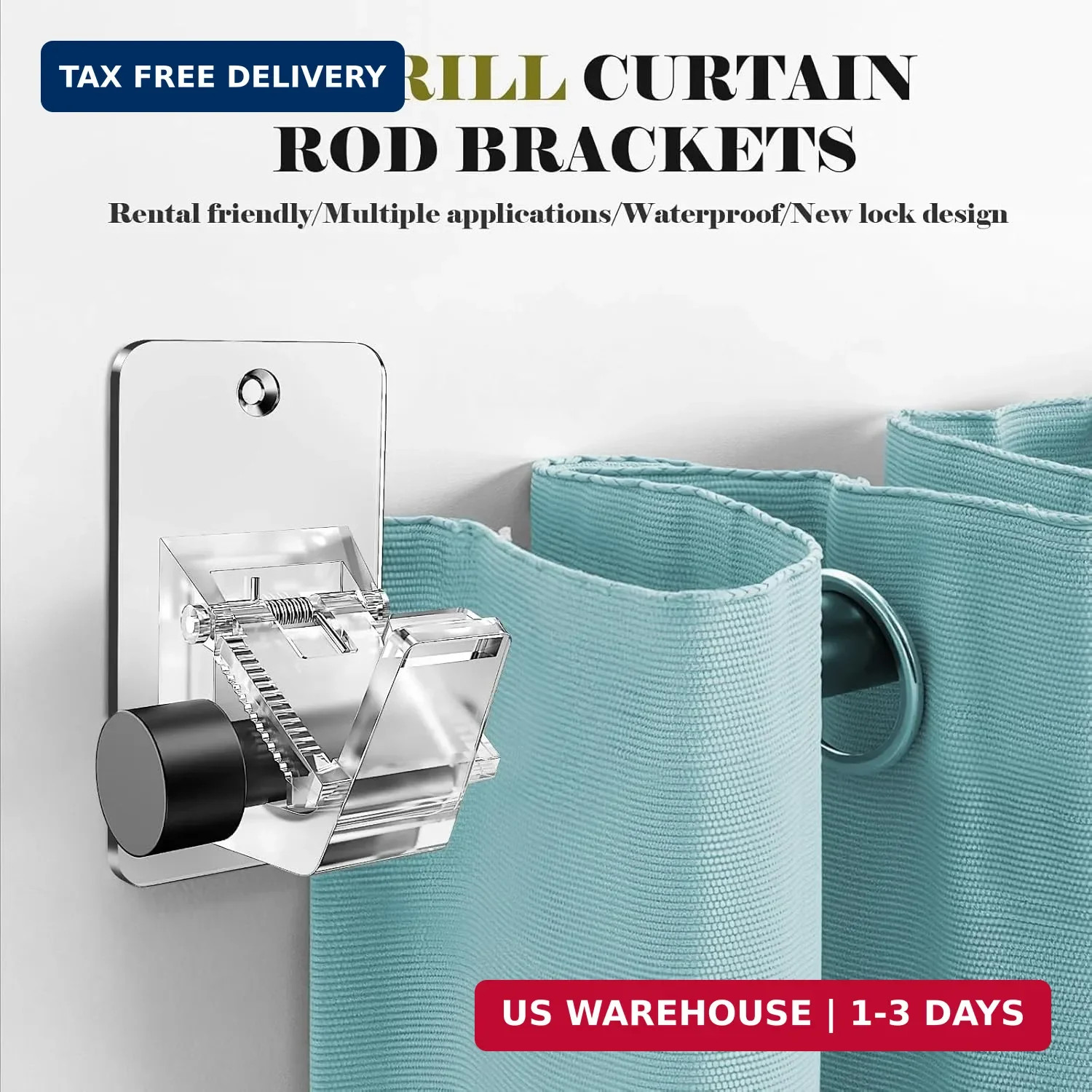 No Drill Curtain Rod Brackets, Universal Curtain Rod Holder, 4 Pack Self Adhesiv