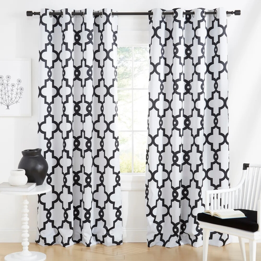 Set 2 White Black Geo Trellis Curtains Panels Drapes 63 84 96 108 inch L Grommet