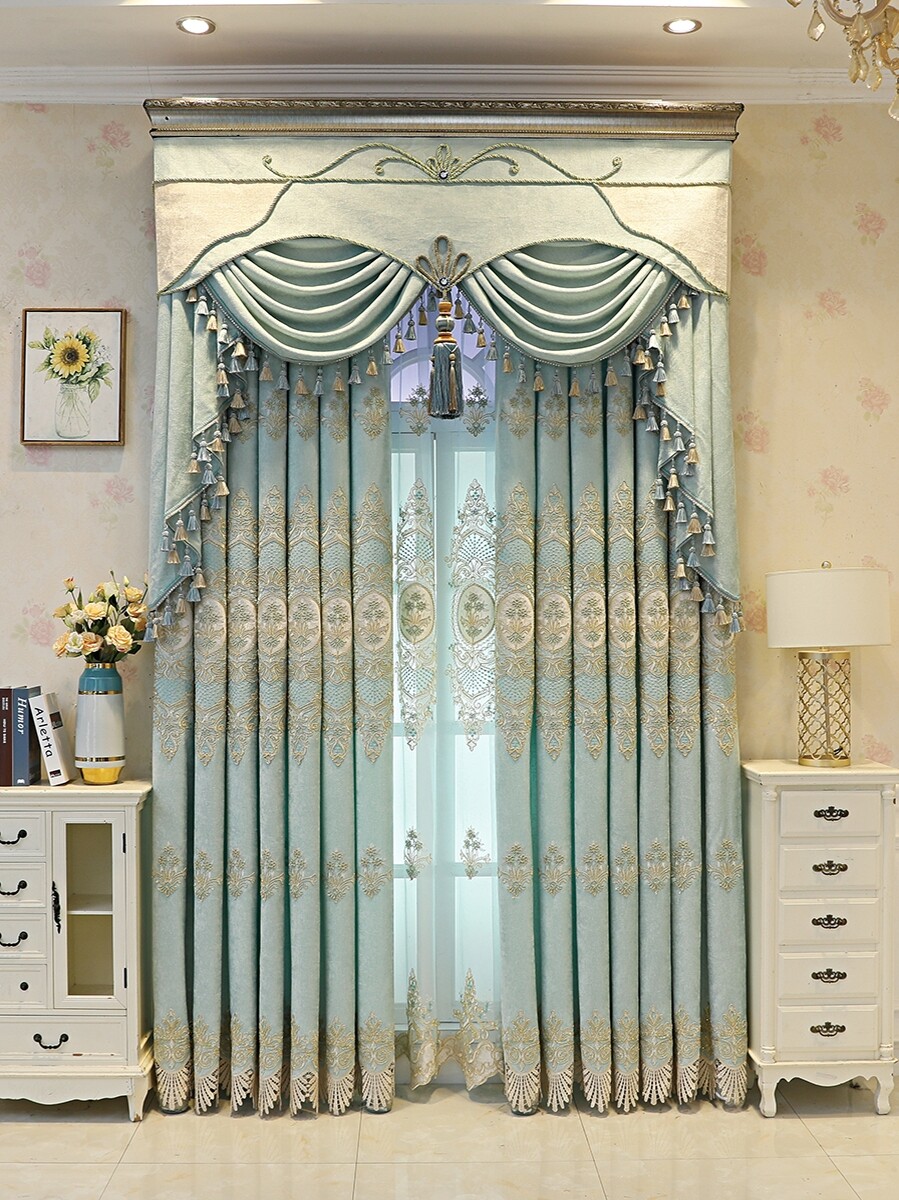 Custom high-end embroidered blue cloth blackout curtain valance drape C1143