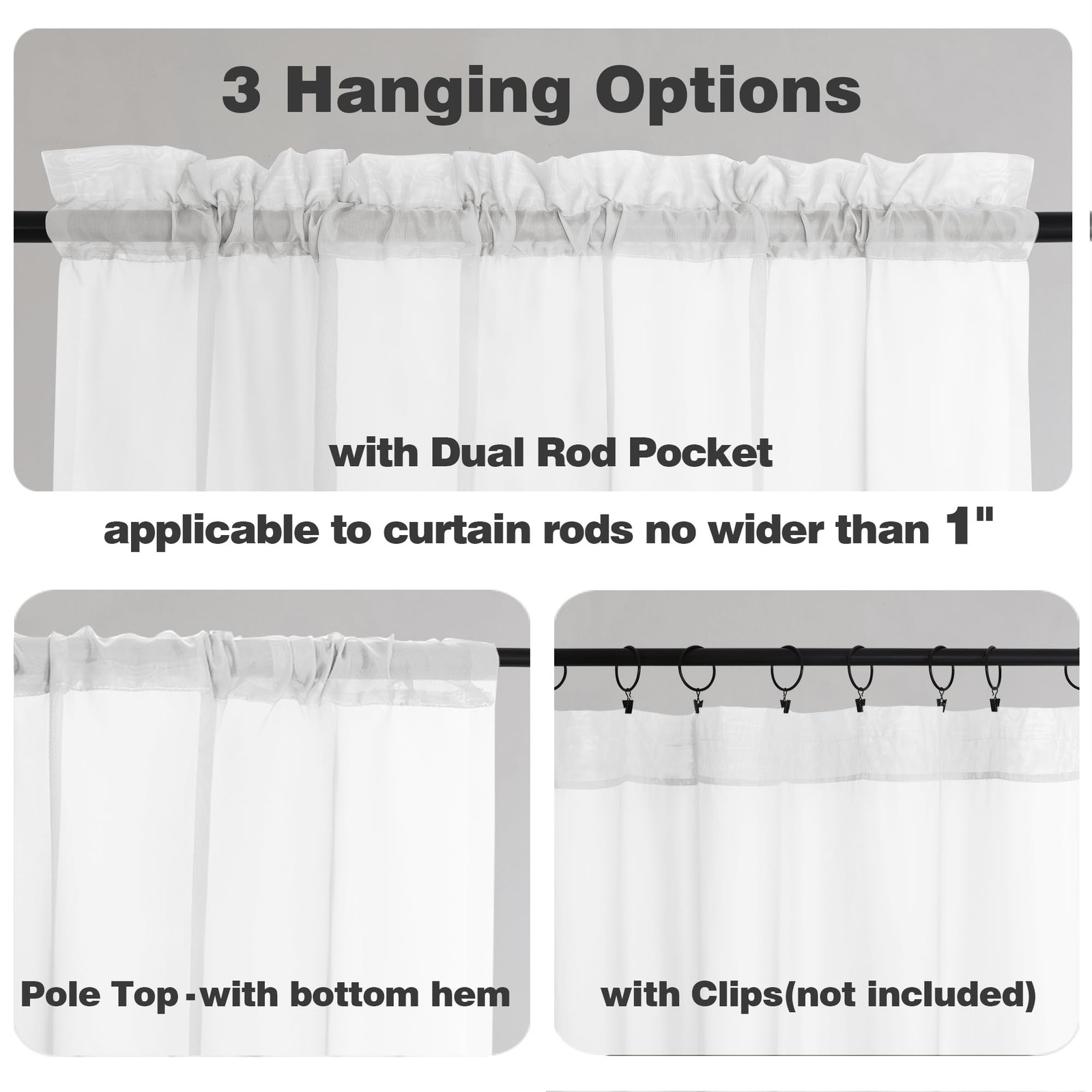 Sheer Valances for Windows 2 Pack, Small Window 42″W x 14″L (Pack of 2) White