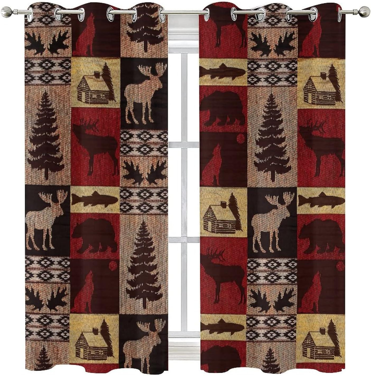 Rustic Cabin Blackout Curtains, Moose Bear Elk Plaid, 2 Panels 84×42