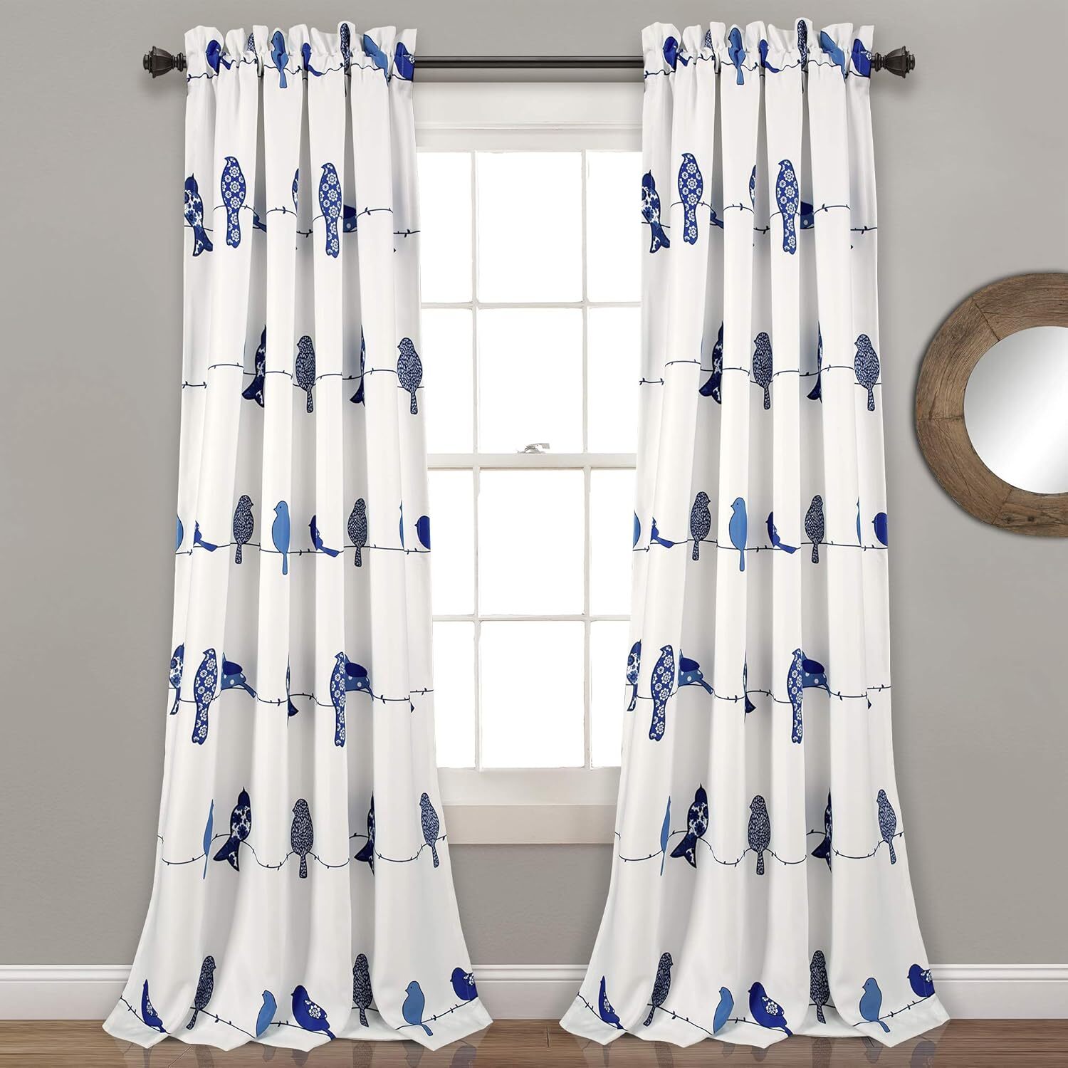 Rowley Birds Light Filtering Window Curtain Panels, Pair, 52″ W x 84″ L, Navy…